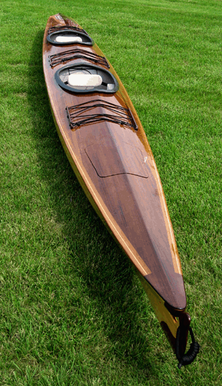 Twin Star tandem baidarka design wood strip sea kayak by Laughing Loon